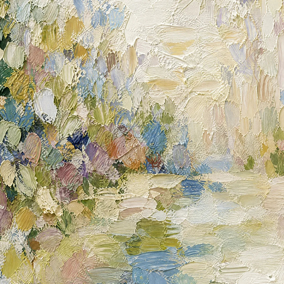 Textured abstract landscape oil painting with soft cream, blue, green, and gold impasto strokes