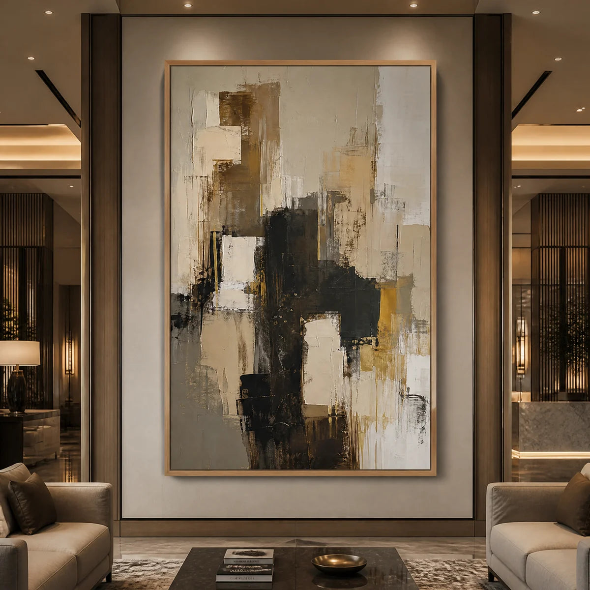 Neutral black gold abstract wall art in a wood frame displayed in a luxury hotel lobby.