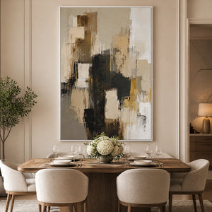 Neutral black gold abstract wall art in gold frame above a modern luxury sofa.