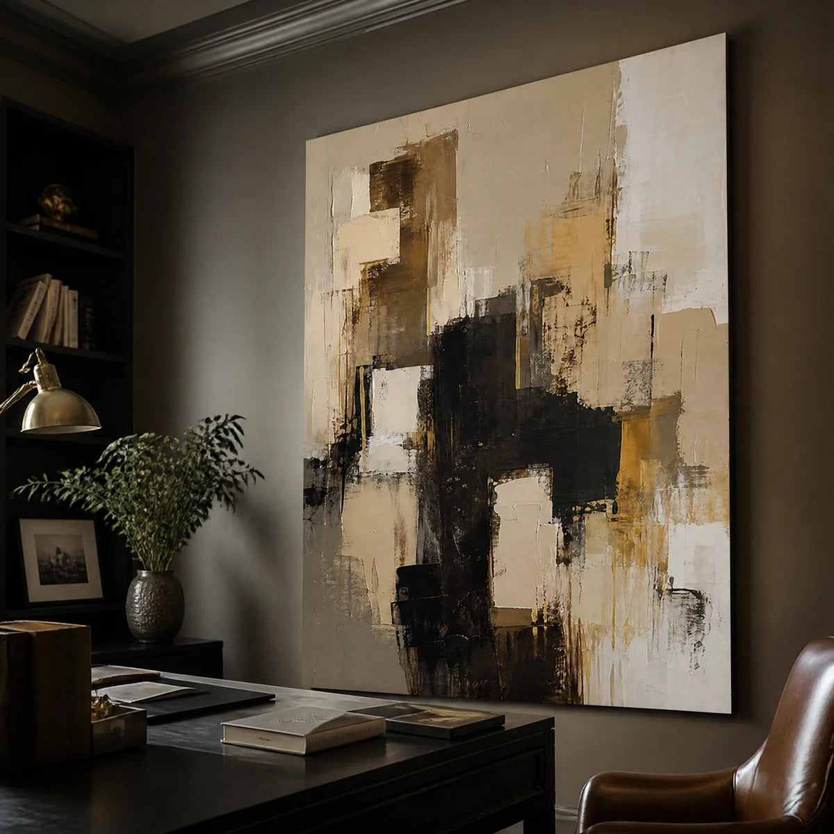 Black and gold abstract wall art in a luxury office, layered neutral blocks, framed.