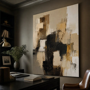 Black and gold abstract wall art in a luxury office, layered neutral blocks, framed.