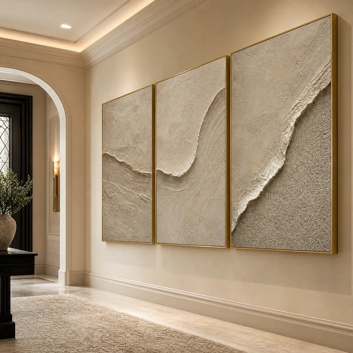 Textured beige Wabi Sabi wall art set of 3 with gold frames