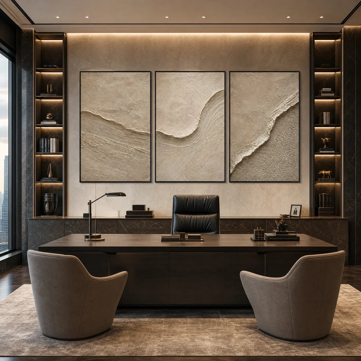 Textured beige Wabi Sabi wall art set of 3 in modern office