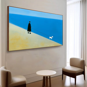 Minimalist original oil painting of person walking dog on serene beach, modern wall art.