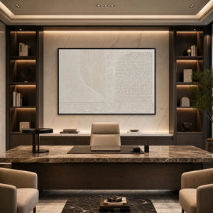 Large textured minimalist Wabi Sabi wall art in white, framed in a modern office