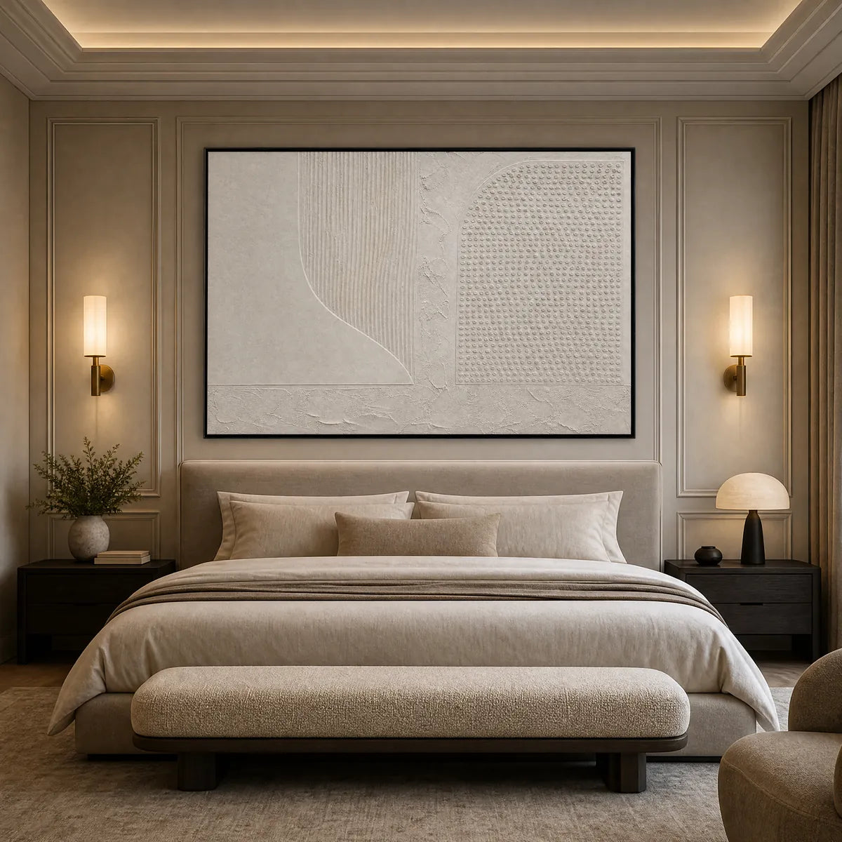 Textured minimalist Wabi Sabi wall art with white abstract relief in a modern bedroom