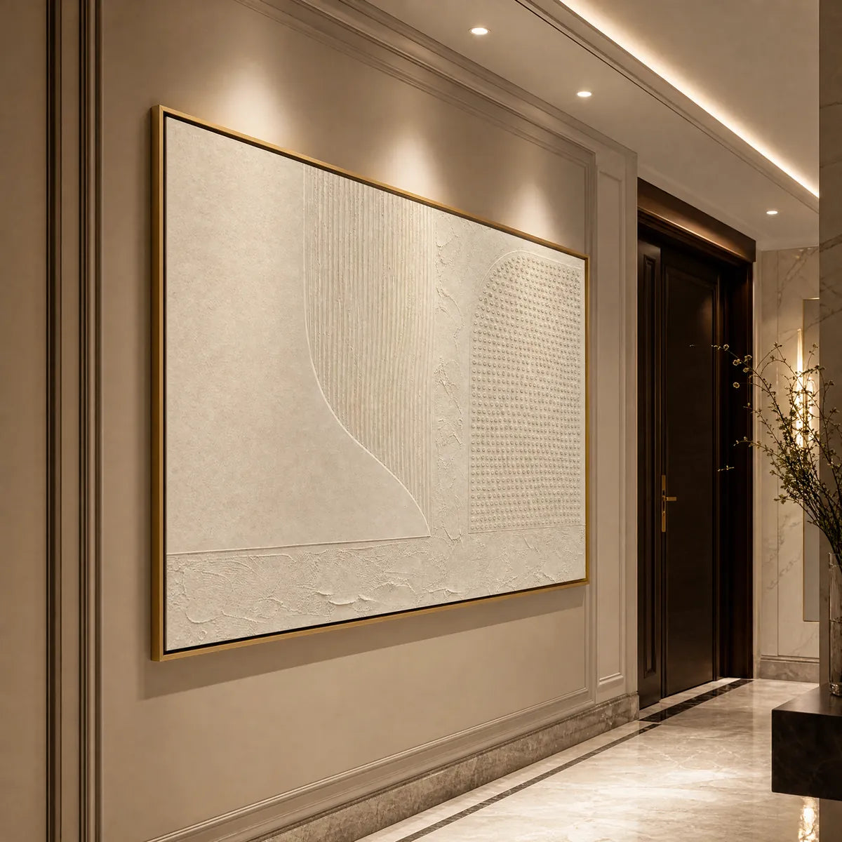 Textured minimalist Wabi Sabi wall art in gold frame, off-white abstract composition