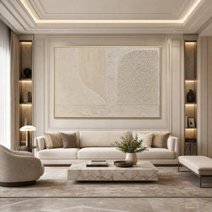 Textured minimalist Wabi Sabi wall art in beige tones above a modern cream sofa