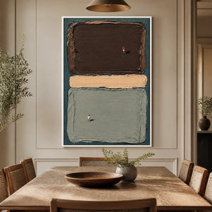 Abstract color block wall art with textured rectangles and tiny swimmers in a luxury living room displayed in a refined dining room.