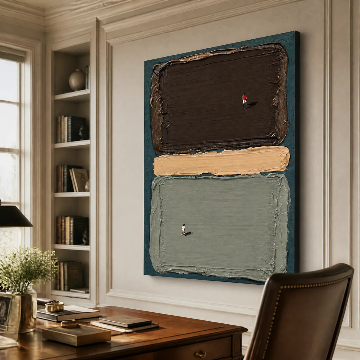 Silent Swimmers abstract wall art with textured color blocks in dark brown, beige, and sage green in a modern office.
