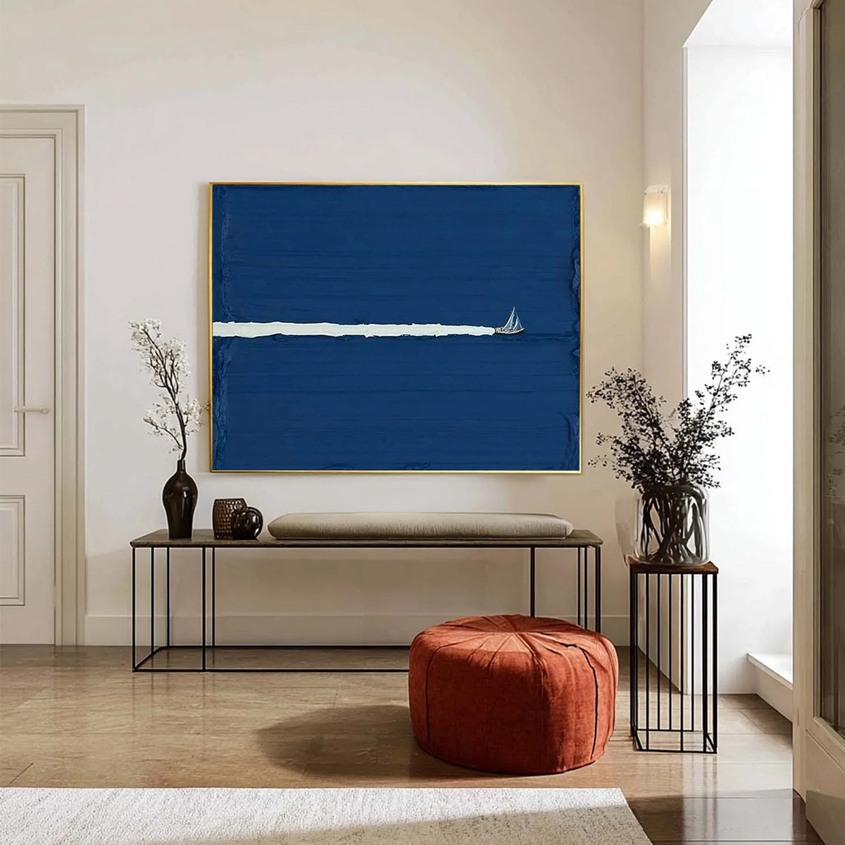 SILENT WAKE: Minimalist Sailboat Seascape Oil Painting