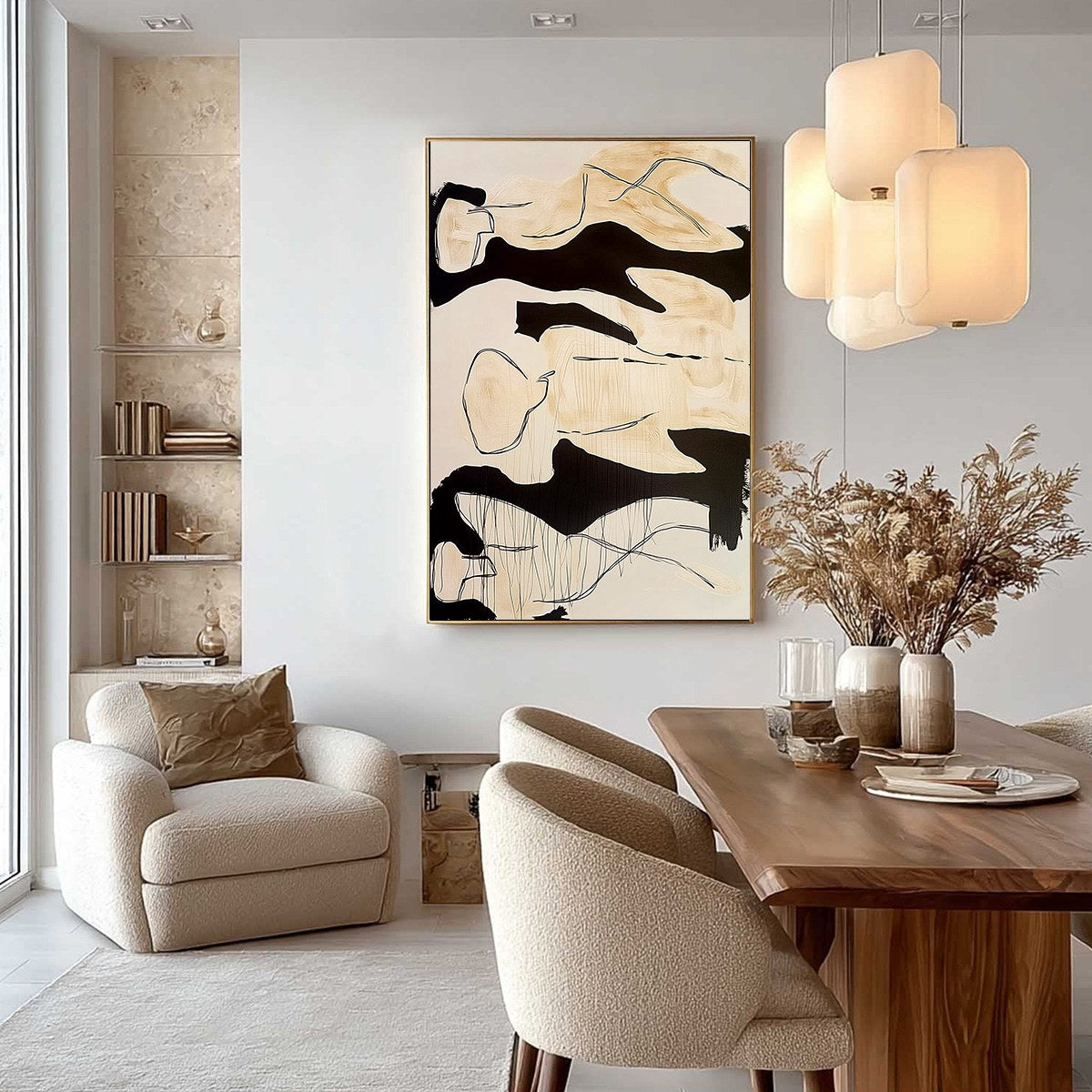 SILHOUETTES IN REPOSE: Large Abstract Figurative Painting in Black and Beige