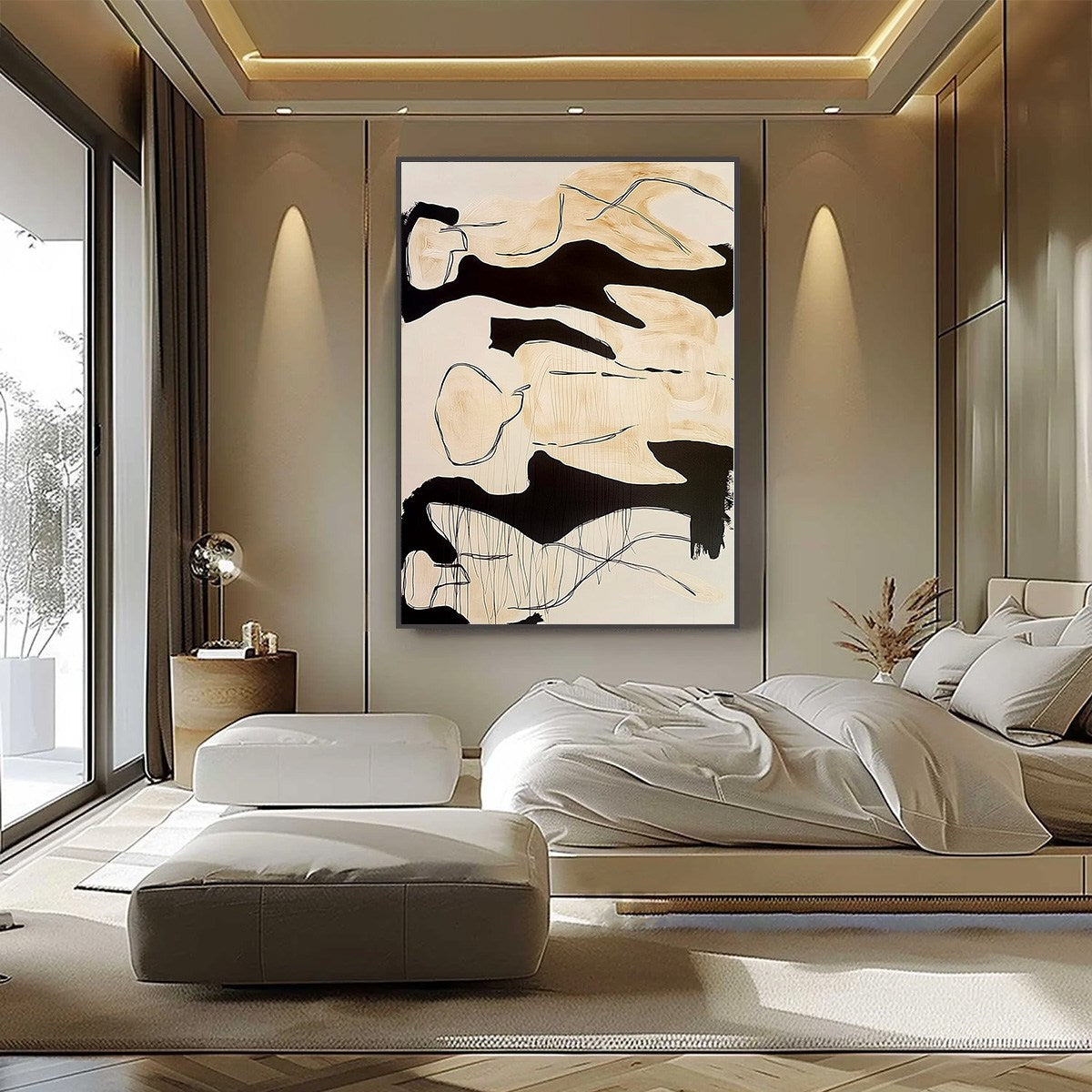 SILHOUETTES IN REPOSE: Large Abstract Figurative Painting in Black and Beige
