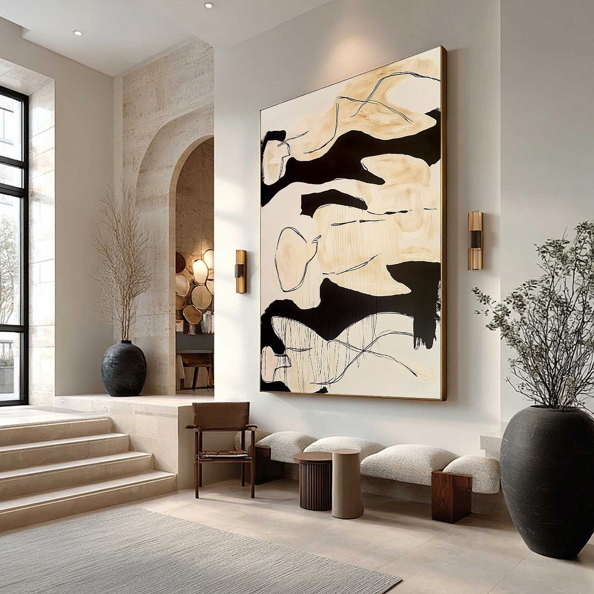 SILHOUETTES IN REPOSE: Large Abstract Figurative Painting in Black and Beige