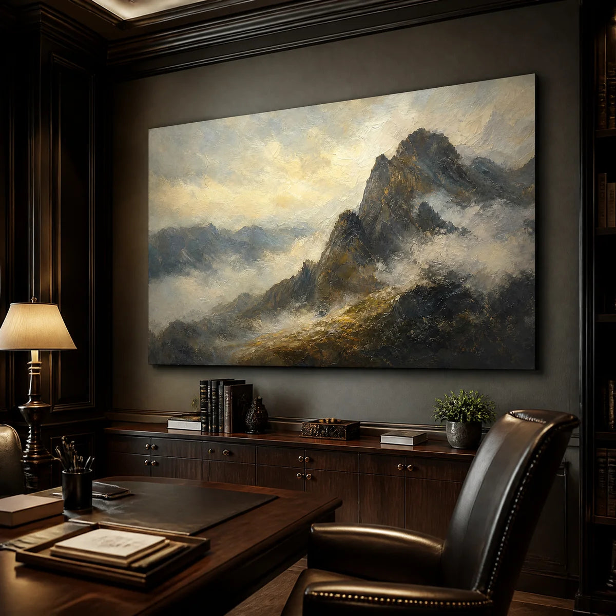 Misty Mountains, gallery-wrapped modern landscape art displayed in a refined office.