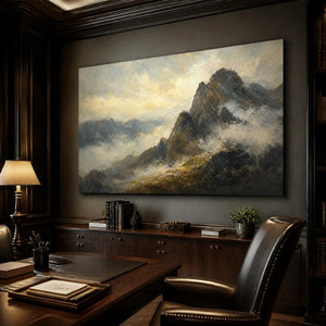 Misty Mountains, gallery-wrapped modern landscape art displayed in a refined office.