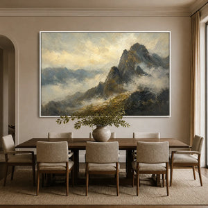 Misty Mountains, textured impasto oil painting with white frame displayed in a refined dining room.