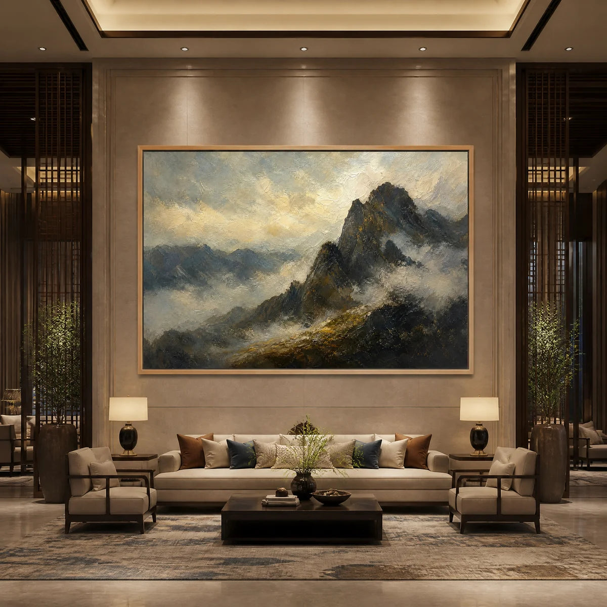 Misty Mountains, large-scale abstract landscape canvas art with wooden frame displayed in a refined hotel lobby.