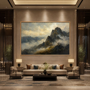 Misty Mountains, large-scale abstract landscape canvas art with wooden frame displayed in a refined hotel lobby.