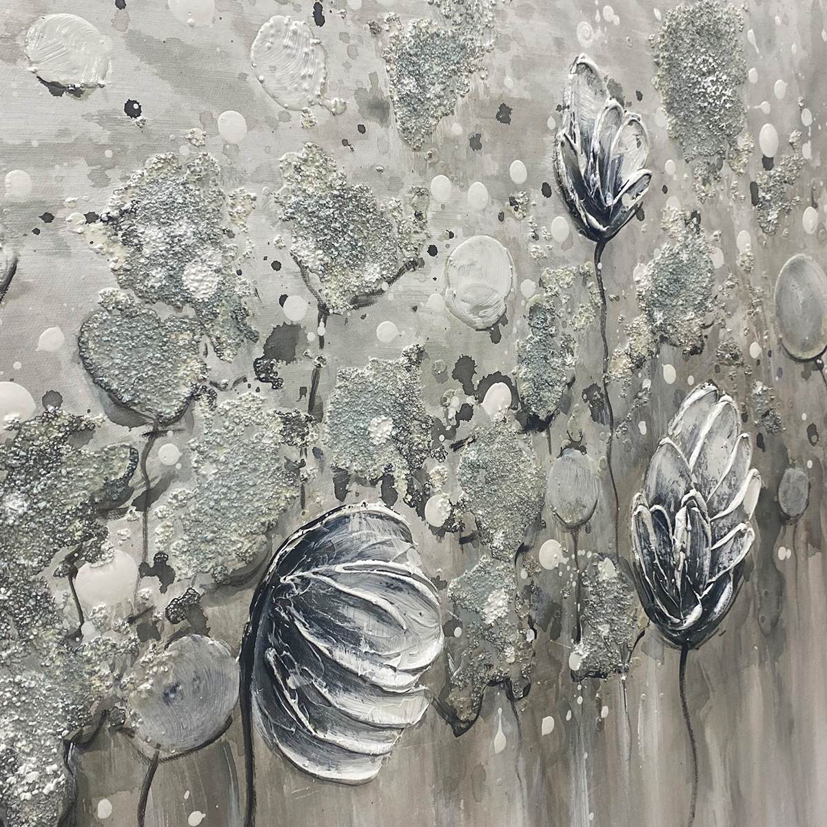 SILVER MIST- Minimalist Floral Oil Painting in Silver and Grey