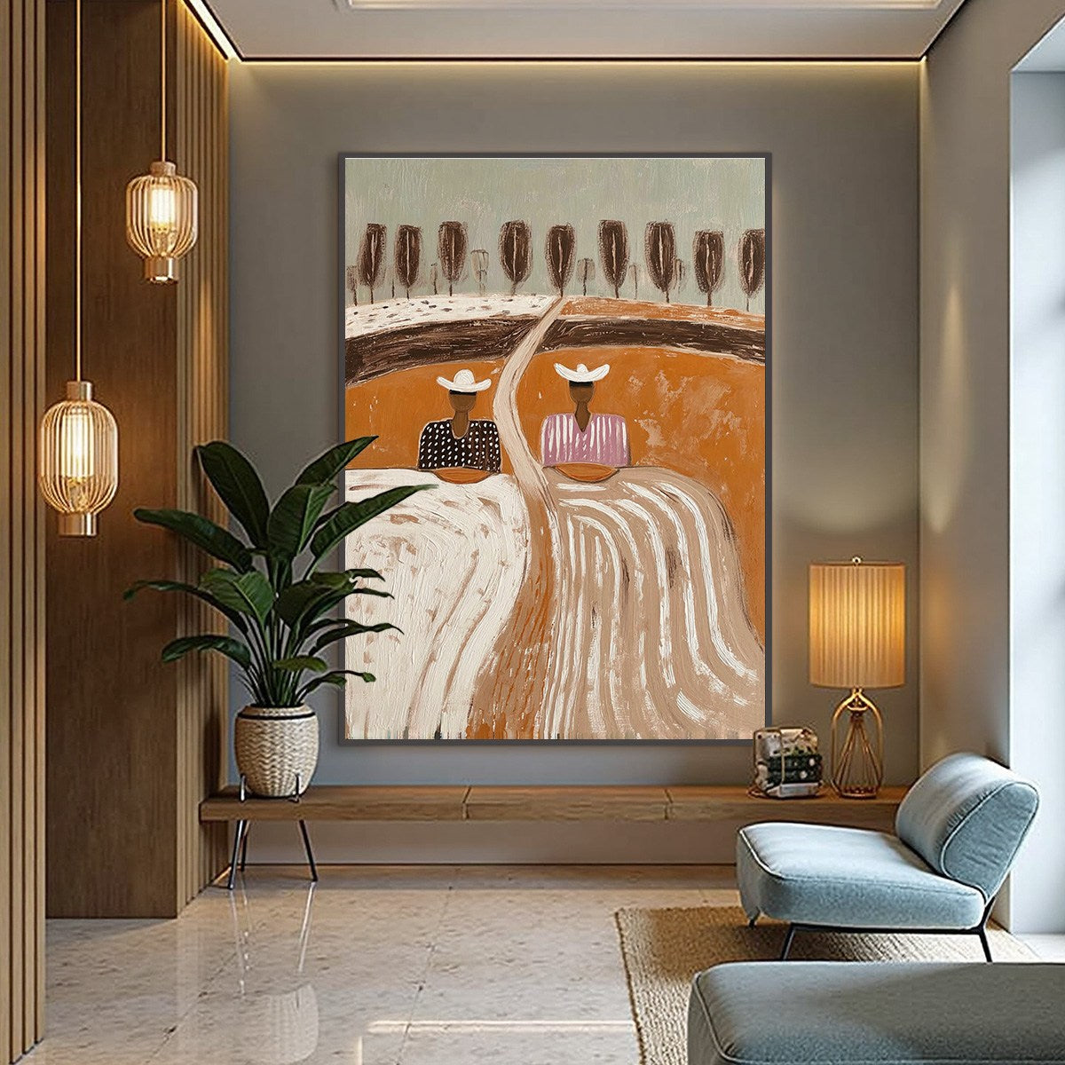 Original textured wall art: "Sisters of the Soil" by Yan Nan Li, earthy boho tones.