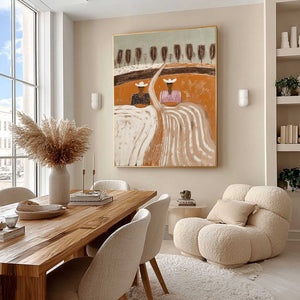 Original textured boho folk painting 'Sisters of the Soil', two figures, earthy tones, impasto.