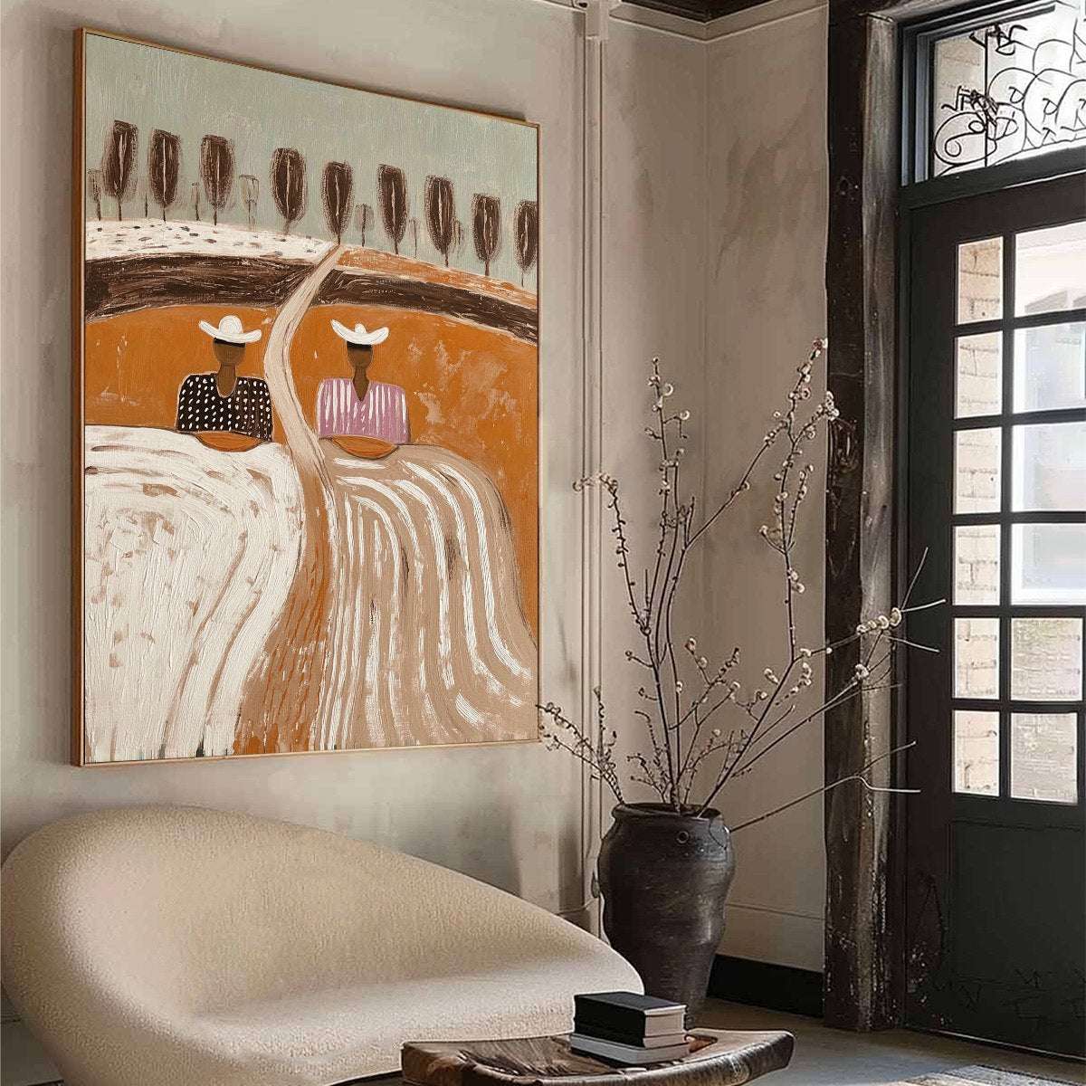 Original textured wall art 'Sisters of the Soil' painting with earthy boho folk tones.