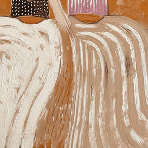 Original textured boho folk oil painting 'Sisters of the Soil' with two figures, earthy tones.