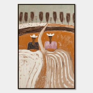 "Sisters of the Soil" original textured boho folk art painting, earthy impasto tones, two figures.