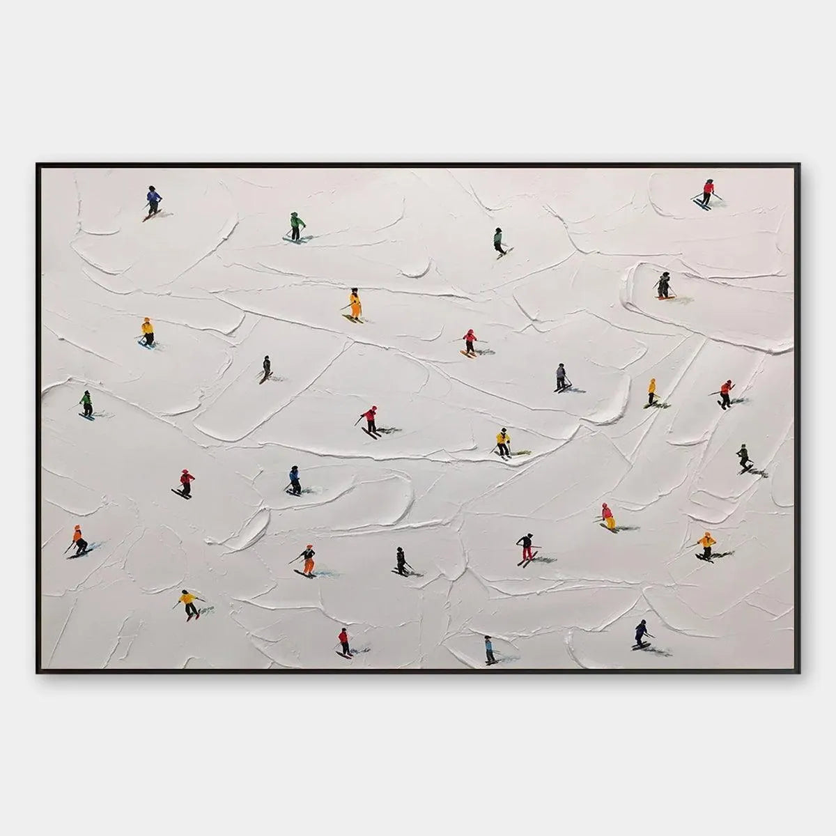 Minimalist Painting of Skiers on a Snowy Slope