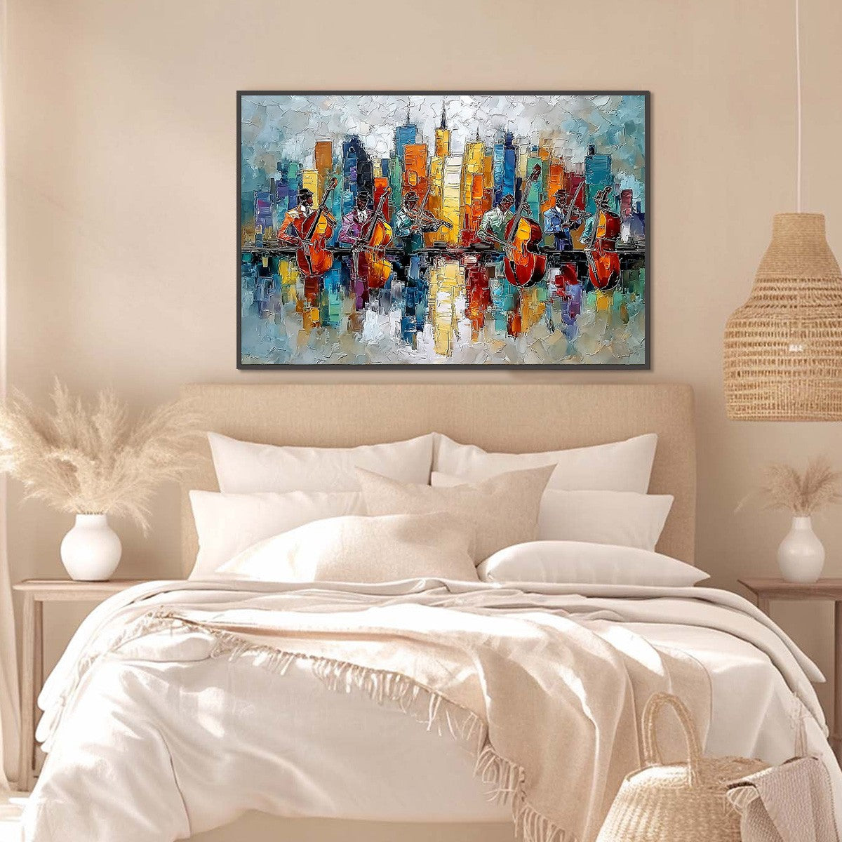 SKYLINE SONATA: Textured Palette Knife Painting of Musicians and Cityscape