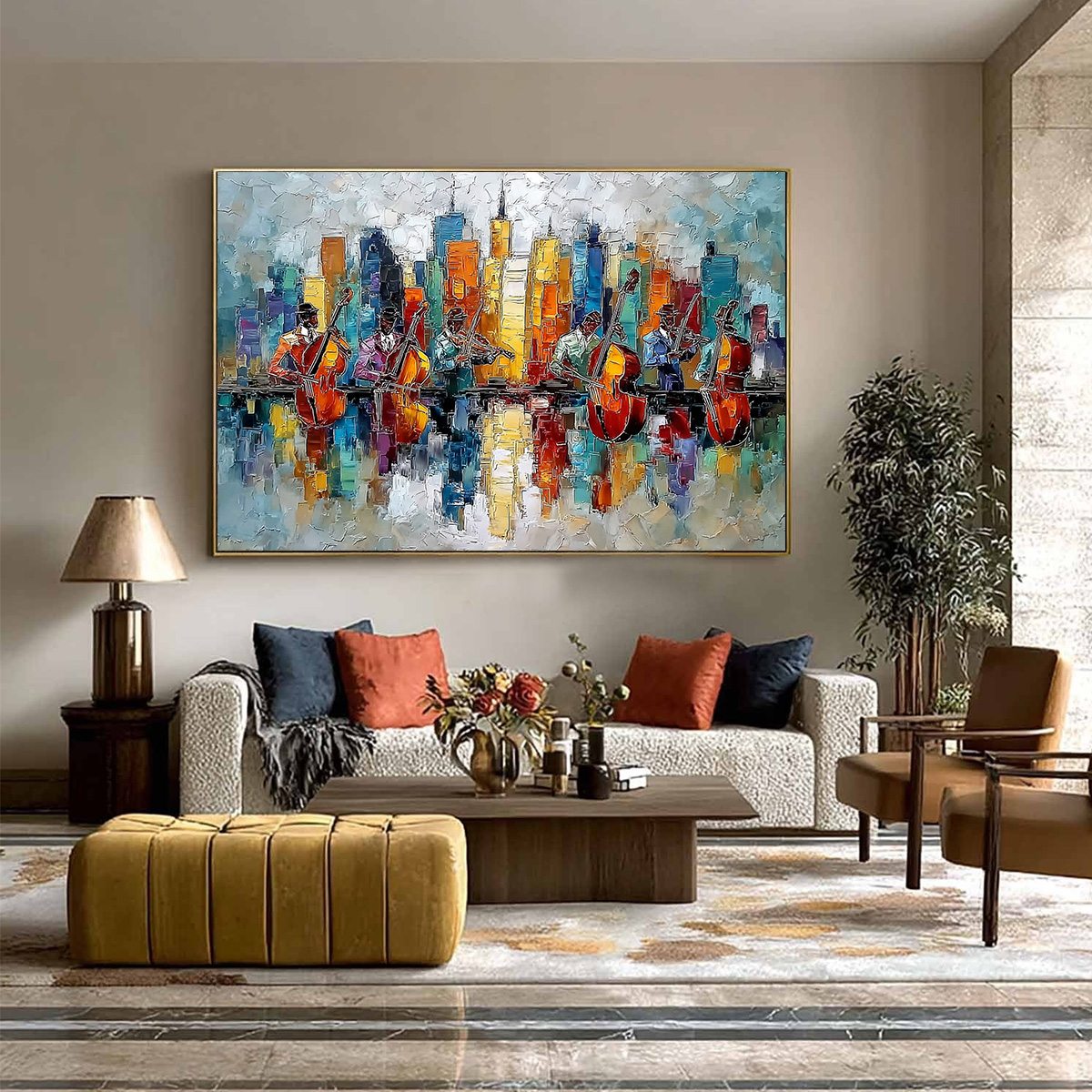 SKYLINE SONATA: Textured Palette Knife Painting of Musicians and Cityscape