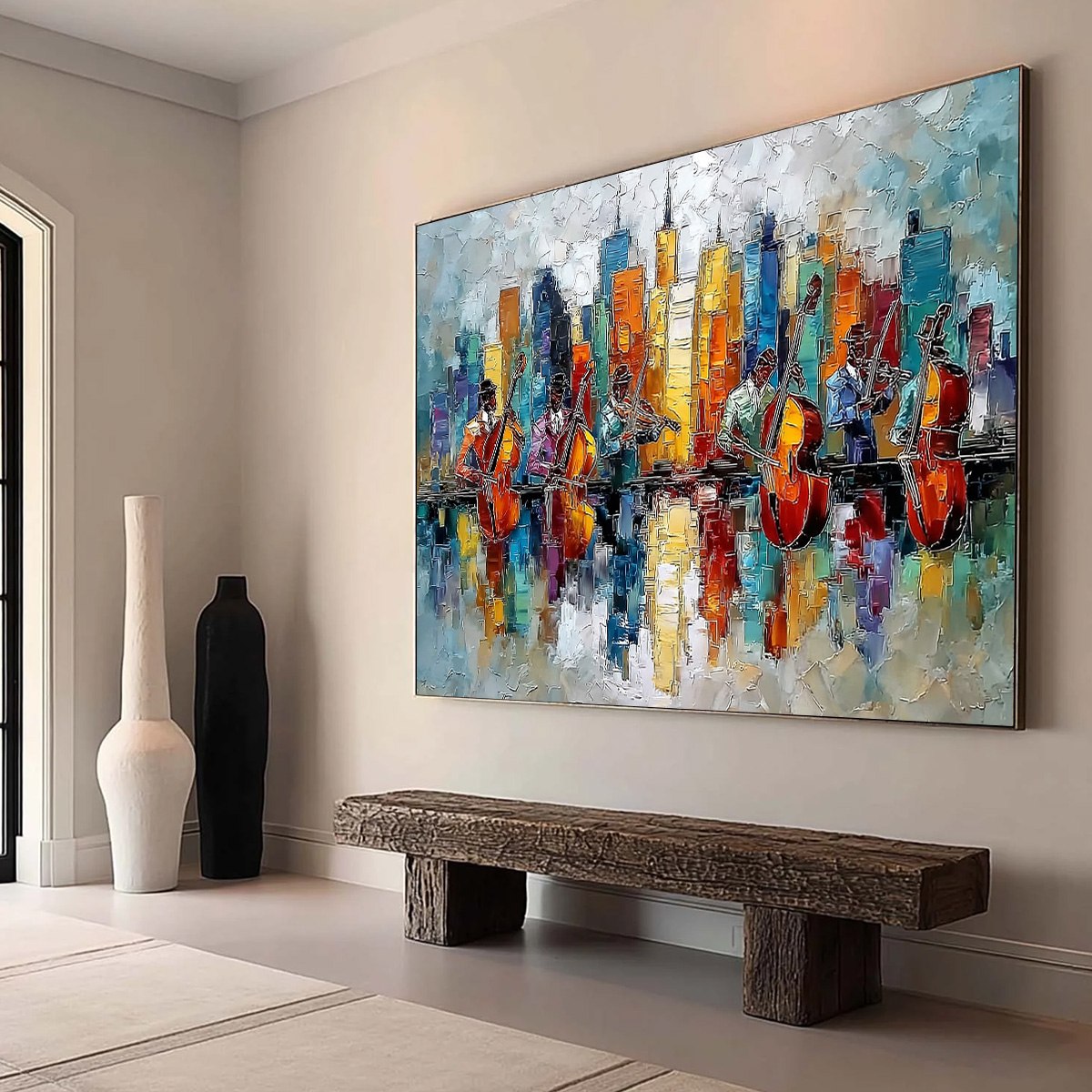 SKYLINE SONATA: Textured Palette Knife Painting of Musicians and Cityscape