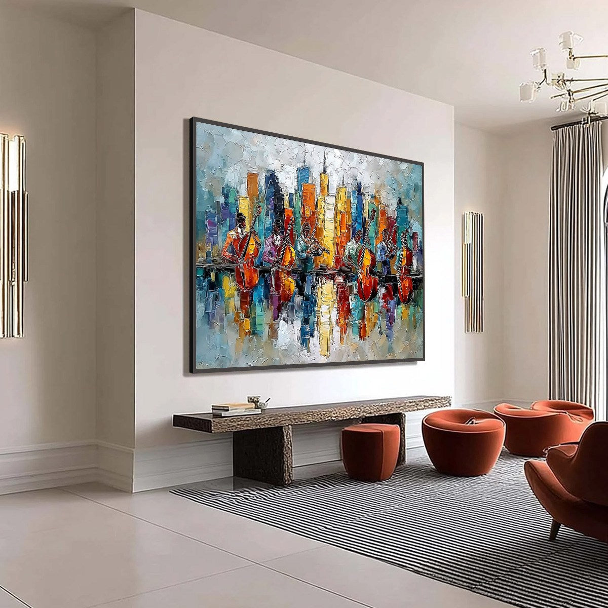 SKYLINE SONATA: Textured Palette Knife Painting of Musicians and Cityscape