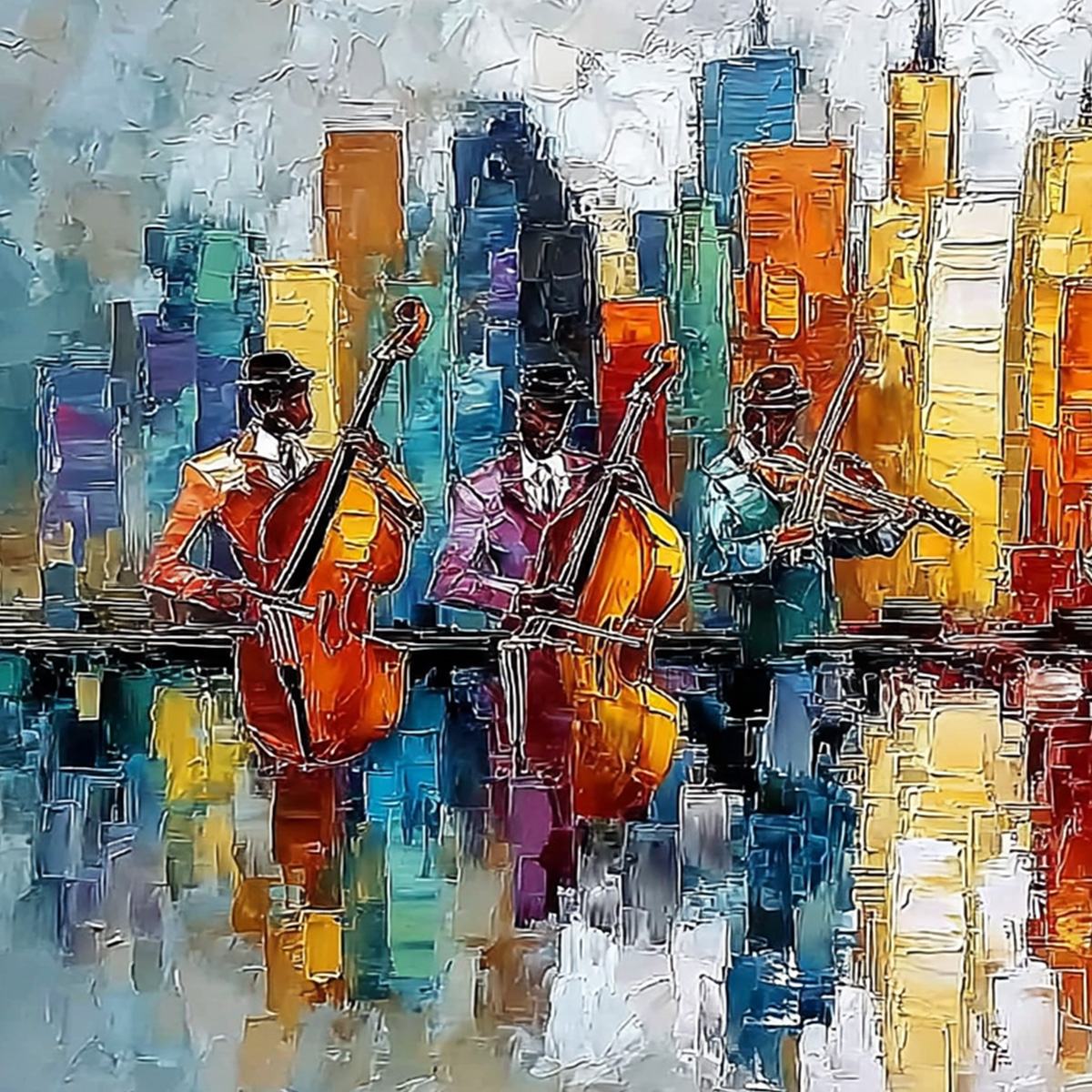 SKYLINE SONATA: Textured Palette Knife Painting of Musicians and Cityscape