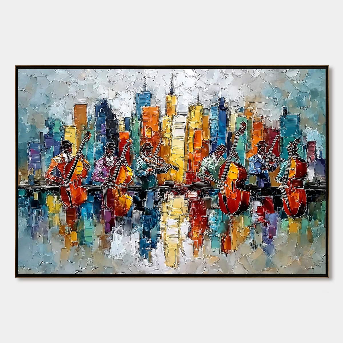 SKYLINE SONATA: Textured Palette Knife Painting of Musicians and Cityscape