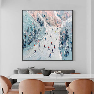 SLOPE LIFE: Textured Impasto Ski Slope Scene on Square Canvas