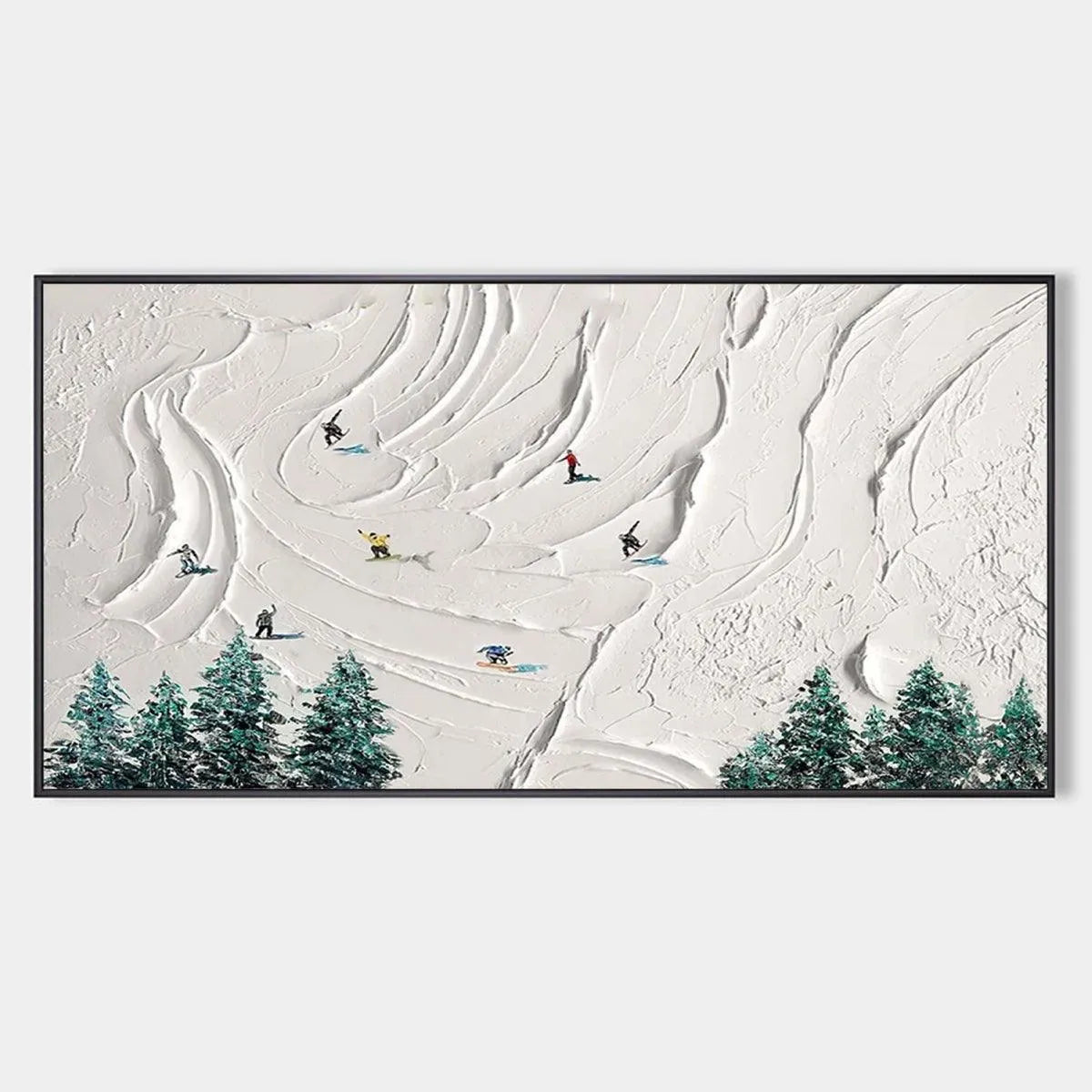 Textured Minimalist Winter Landscape Painting with Skiers