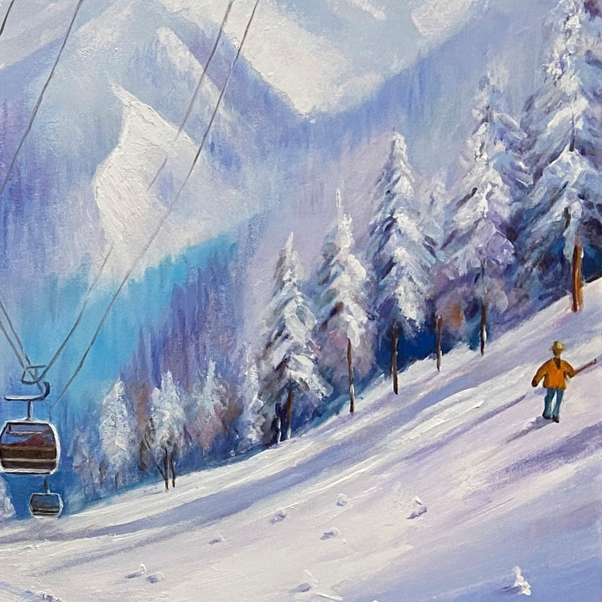 SNOWY SLOPES- Panoramic Ski Resort Landscape Painting