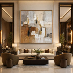 Neutral cubist abstract oil painting with textured white, beige, brown and gold blocks in a wood frame displayed in a luxury hotel lobby.