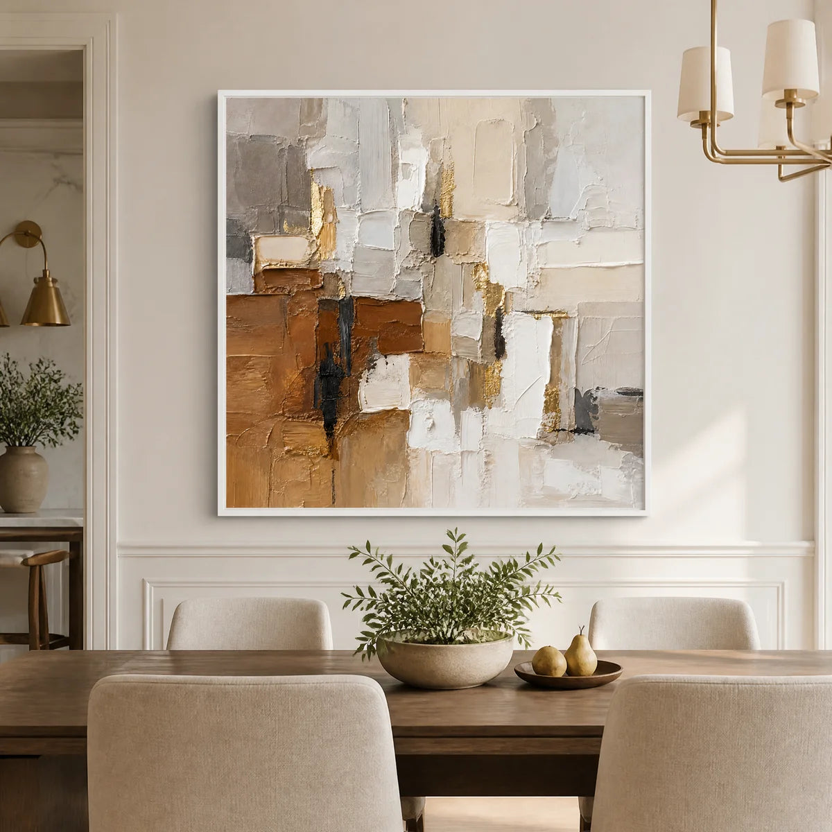 Neutral cubist abstract oil painting in cream, beige, brown and gold tones for modern wall art displayed in a refined dining room.