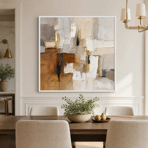 Neutral cubist abstract oil painting in cream, beige, brown and gold tones for modern wall art displayed in a refined dining room.