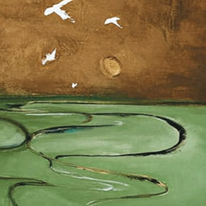 Original handmade oil painting: Earthy Wabi Sabi abstract landscape with birds