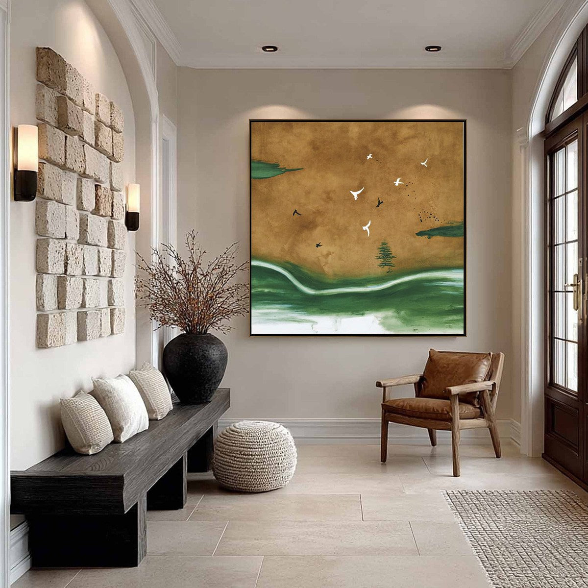 MontCarta's Sojourn original abstract painting: minimalist Wabi-Sabi landscape with birds.