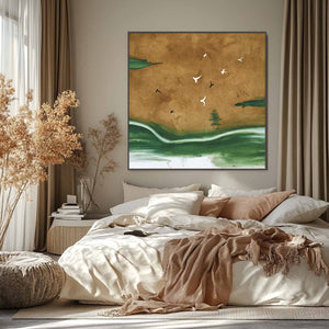 Minimalist Wabi-Sabi modern wall art: original handmade oil painting of birds.