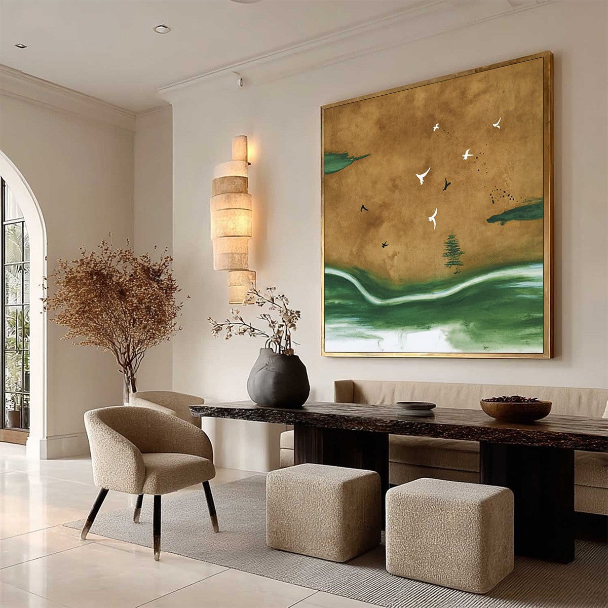 Sojourn original painting: minimalist Wabi-Sabi landscape, birds. Modern wall art.