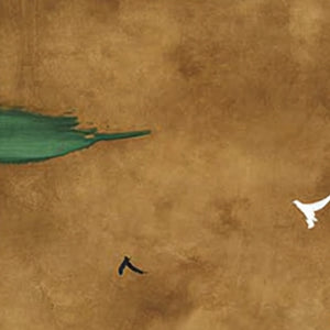 Original abstract wall art: Wabi-Sabi landscape with birds, handmade oil painting.