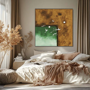Original impasto painting 'Sojourn' of avian journey with white figures on abstract green & brown.