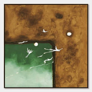 Original abstract impasto painting 'Sojourn': white birds ascend over green/brown texture.