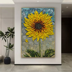 Solar Bloom: Textured Impasto Sunflower Oil Painting Canvas Wall Art Decor in Yellow and Grey
